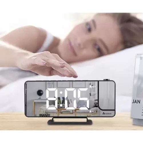 LED väckarklocka med projektor & spegel, USB-C/batteri, svart