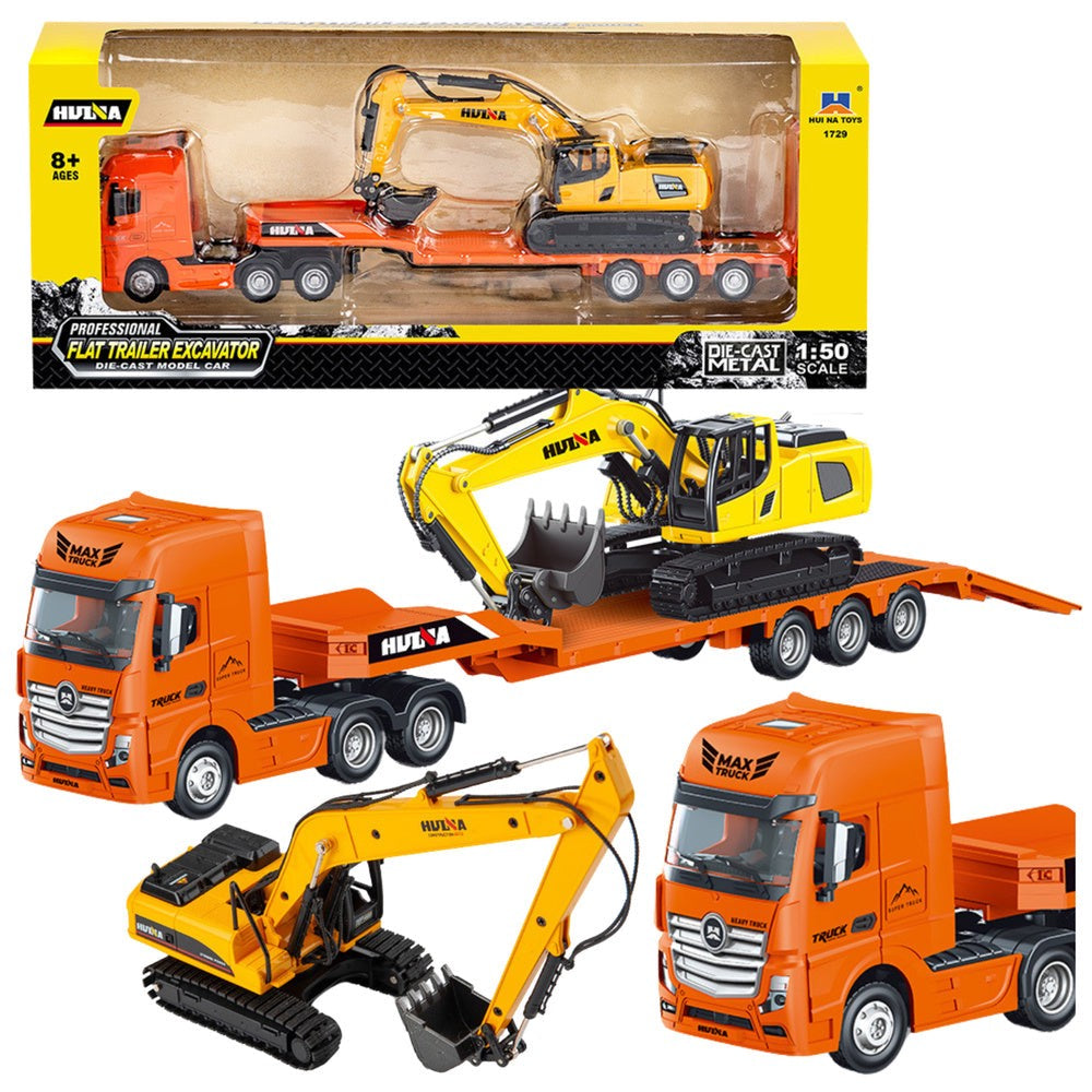 Lastbil med lågbyggd semitrailer och grävmaskin 1:50 metall/ABS
