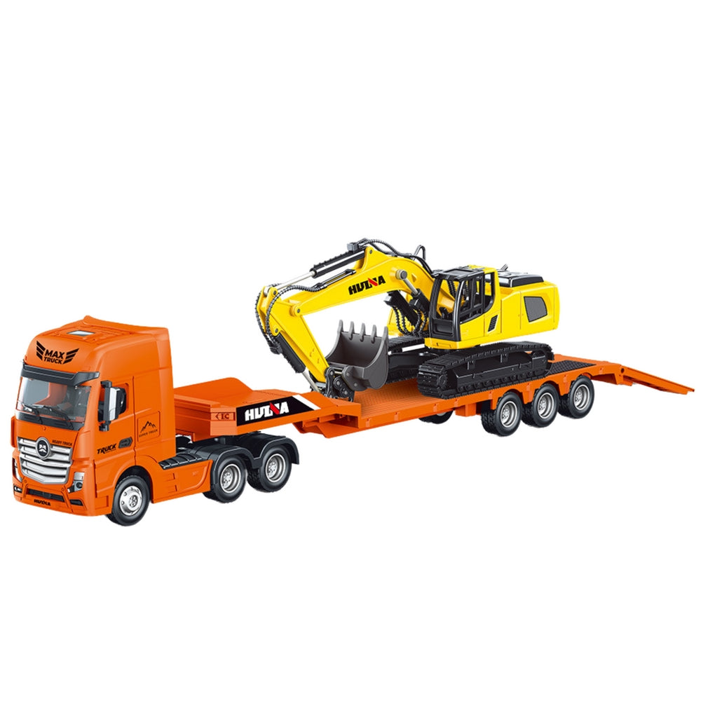 Lastbil med lågbyggd semitrailer och grävmaskin 1:50 metall/ABS
