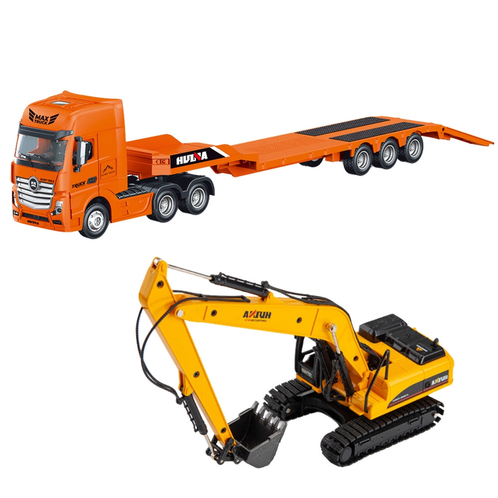 Lastbil med lågbyggd semitrailer och grävmaskin 1:50 metall/ABS