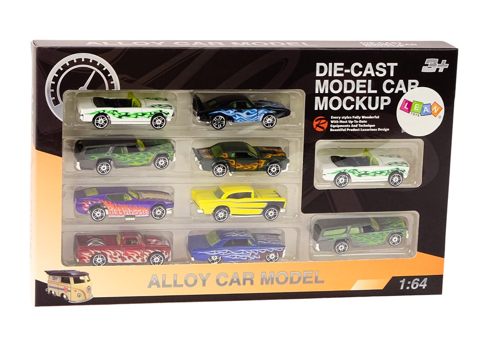 Leksaksbilar metall 10-pack med flammor skala 1:64 8 cm