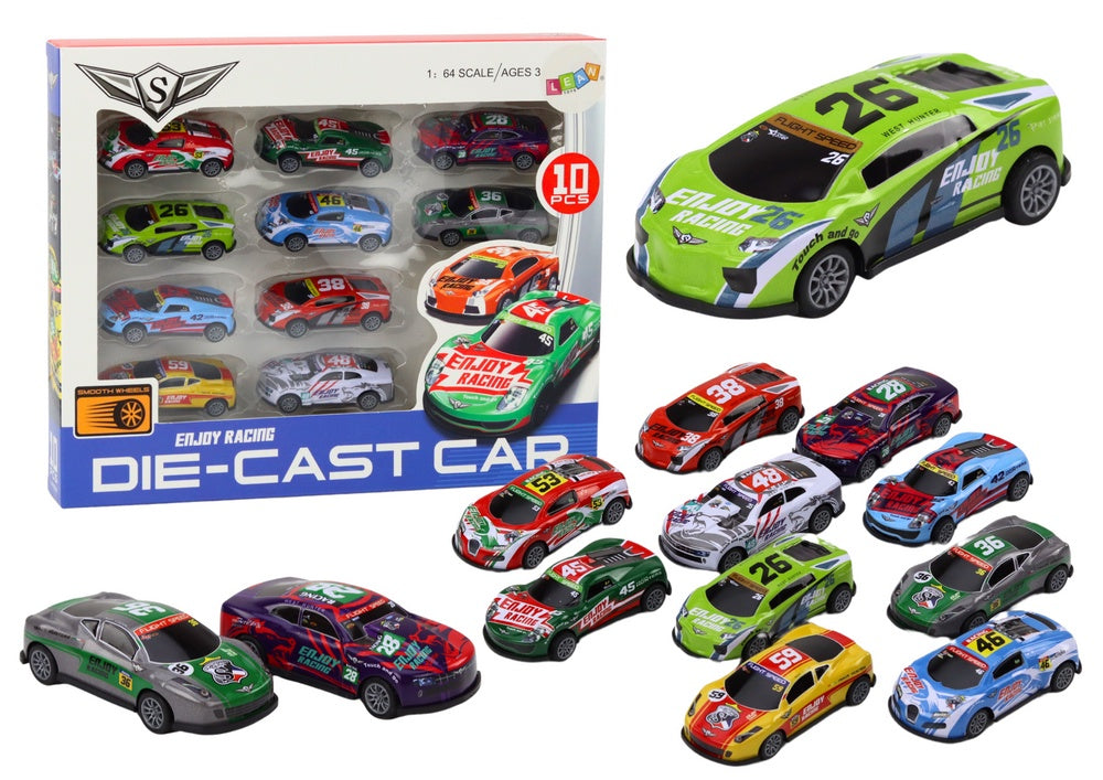 Leksaksbilar pull-back 10-pack 1:64 racingbilar 8 cm, 3+ år