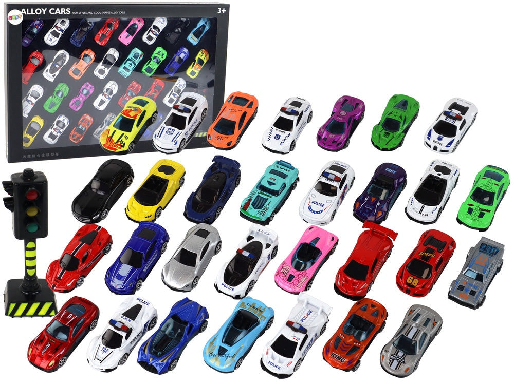 Leksaksbilar set 30-pack sportbilar & polisbilar 7 cm, från 3 år