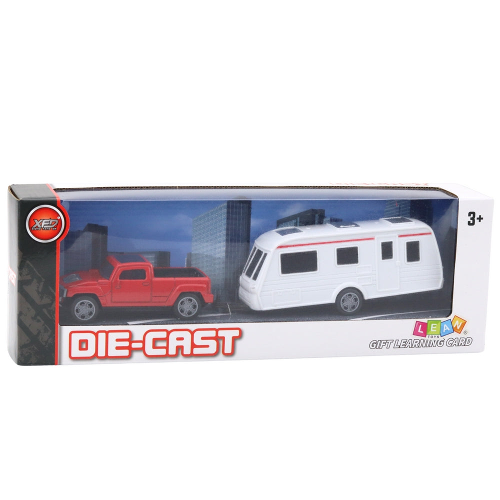 Leksaksbil die-cast off-road med campingtrailer röd/vit + kort