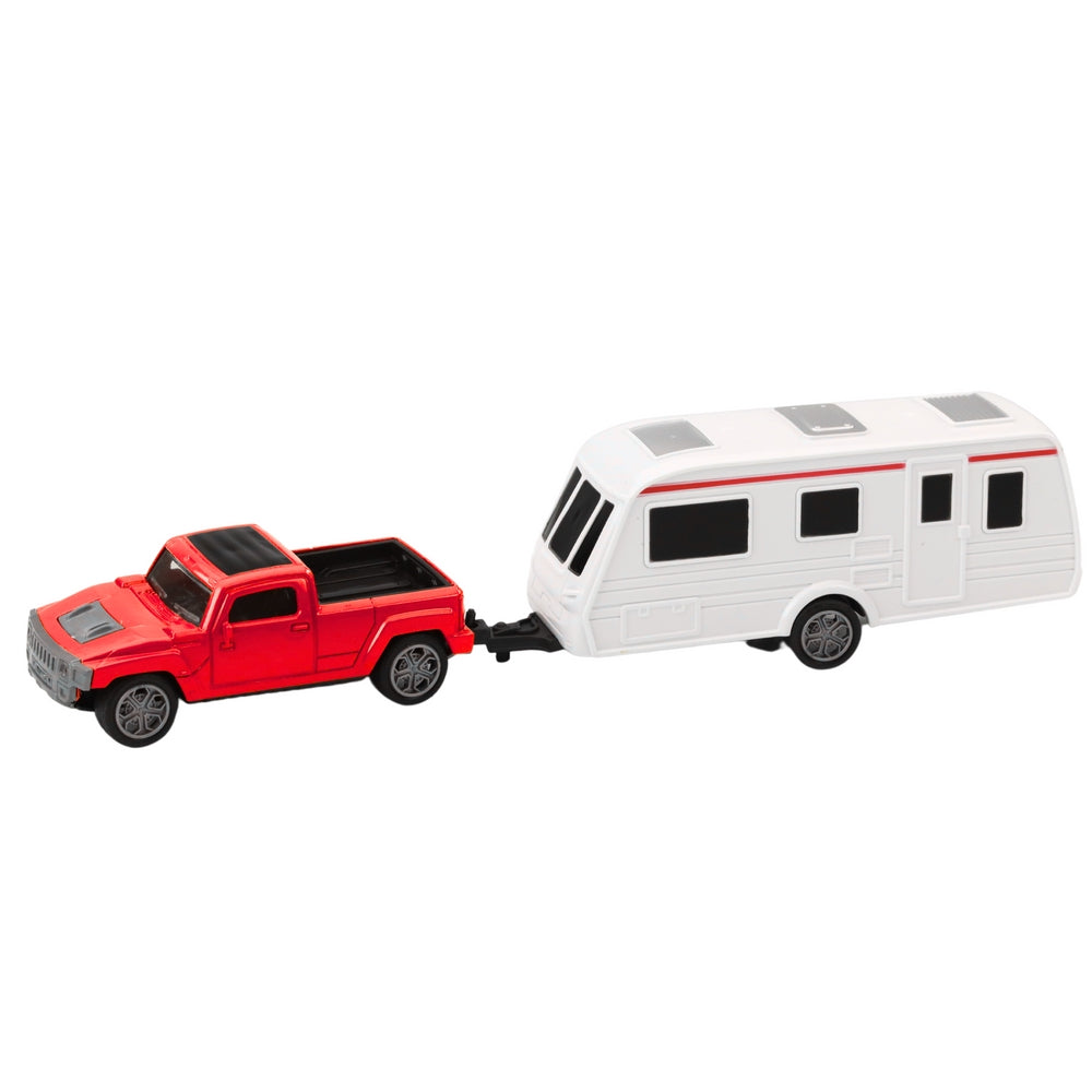 Leksaksbil die-cast off-road med campingtrailer röd/vit + kort