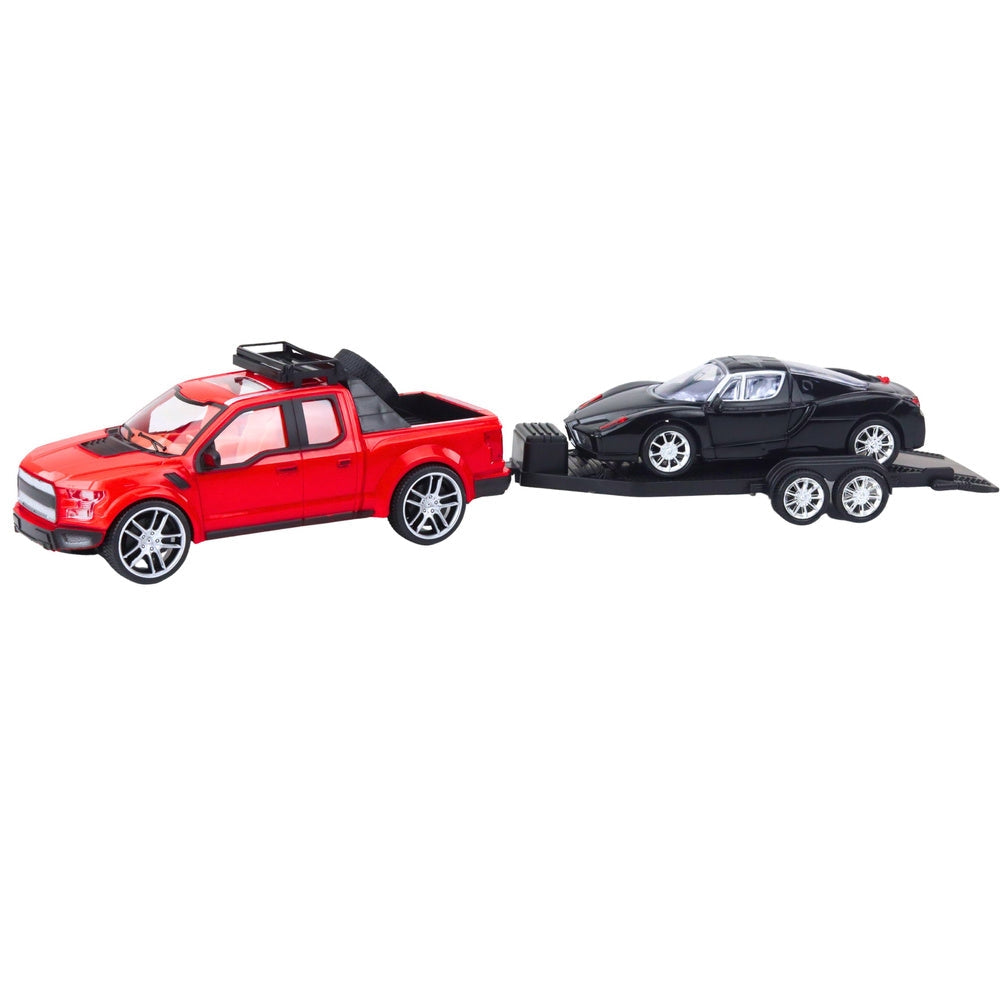 Leksaksbil off-road med friktionsdrift, bilsläp och sportbil 58,5 cm