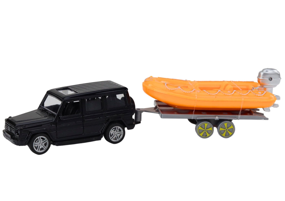 Leksaksbil off-road med trailer och båt svart/orange 17 cm