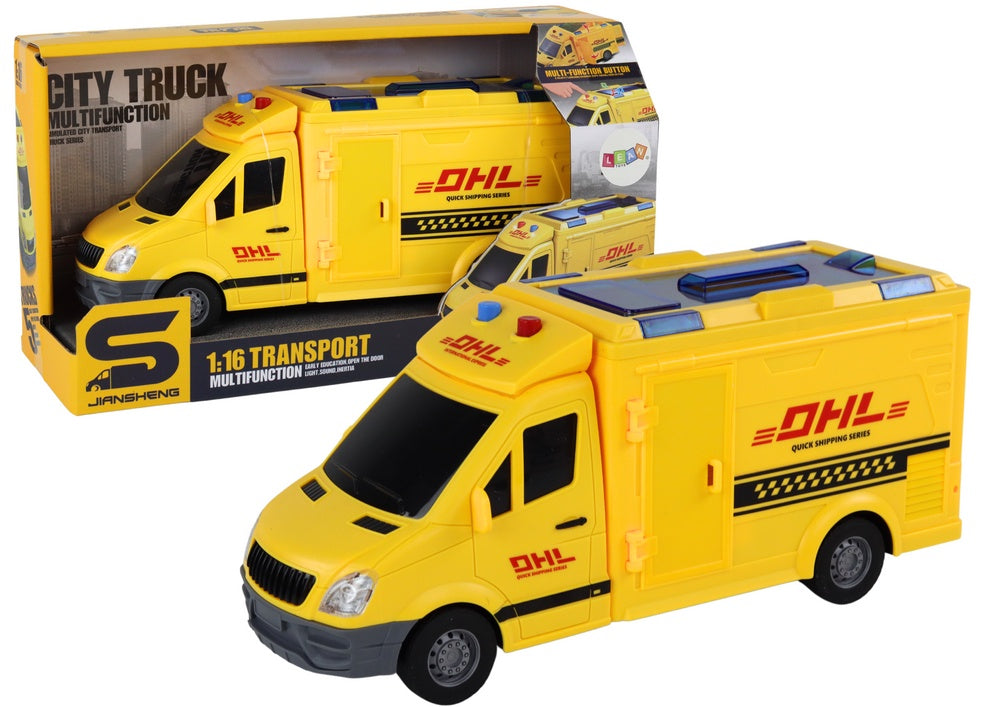 Leksaksbudbil 1:16 med friktionsdrift ljus/ljud öppningsbara dörrar