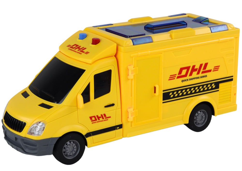 Leksaksbudbil 1:16 med friktionsdrift ljus/ljud öppningsbara dörrar