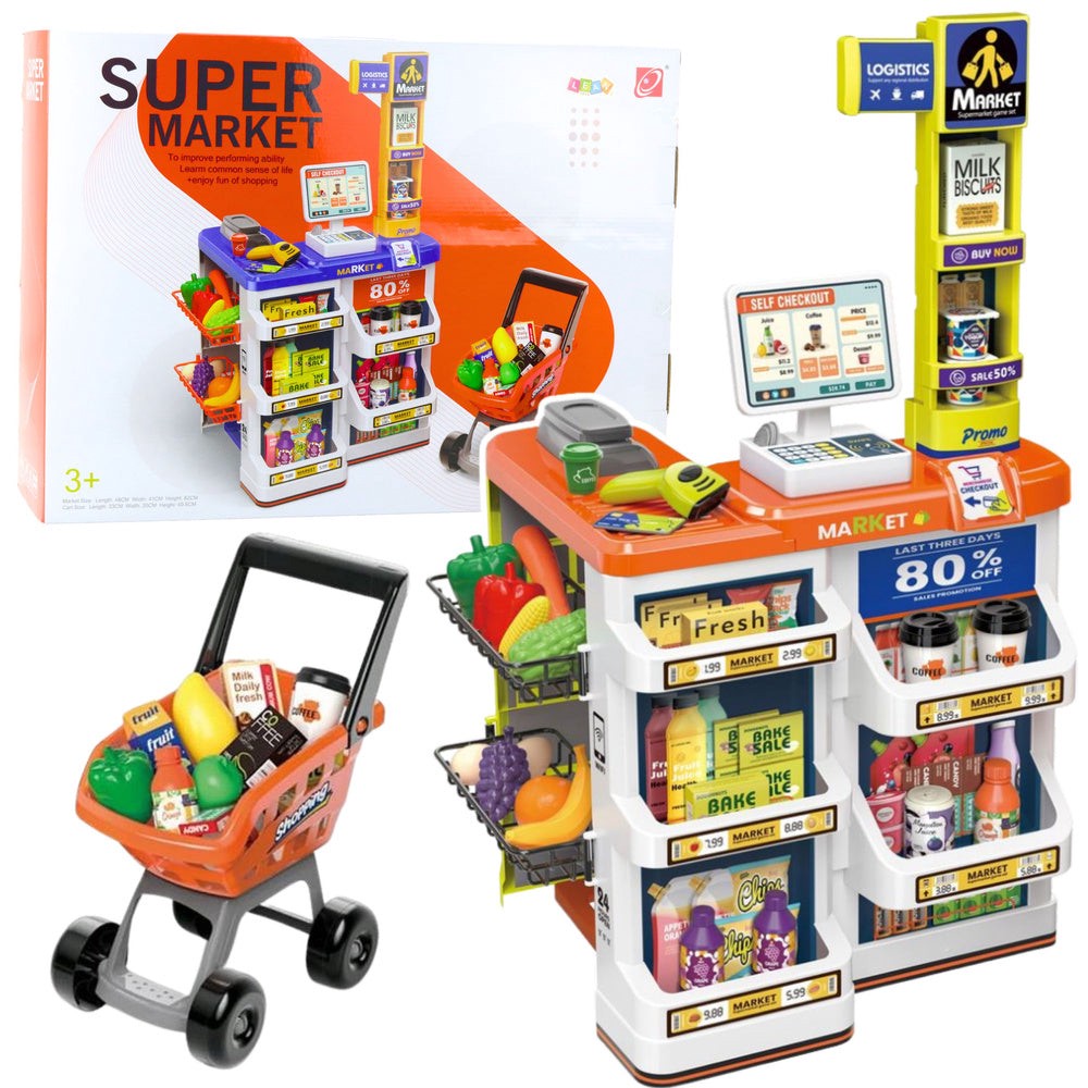 Leksaksbutik med kassaregister, scanner och kundvagn 60 delar