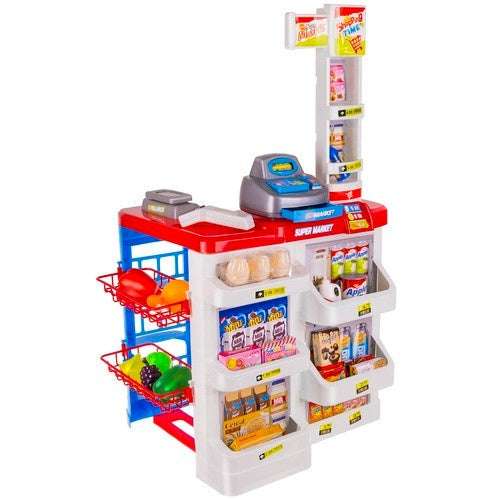 Leksaksbutikset med kassaapparat, skanner ljus/ljud & shoppingvagn
