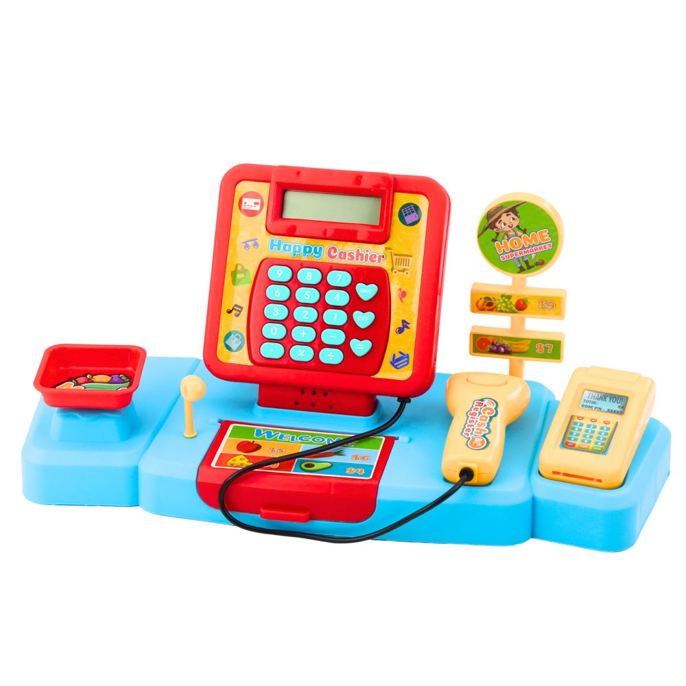 Leksakskassaregister butikset med scanner, kundvagn & ljus/ljud