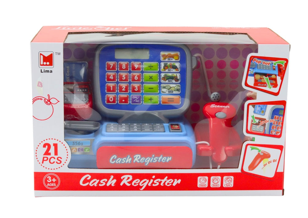 Leksakskassaregister med streckkodsläsare, våg, mynt & kort, set