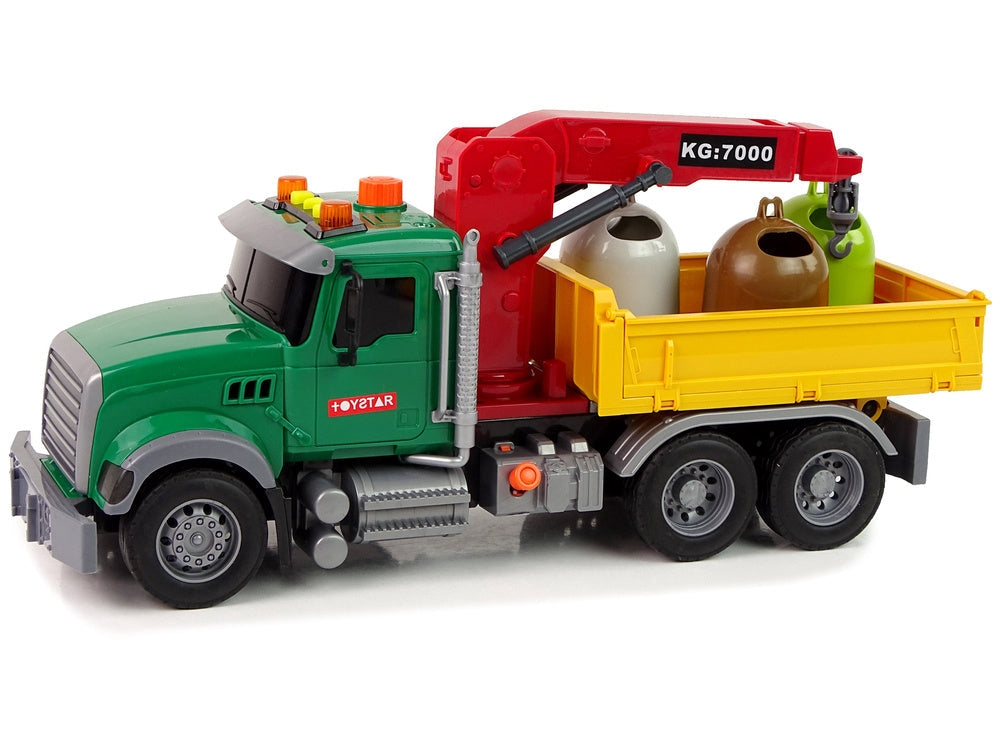 Leksakslastbil med kran och trailer, ljud/ljus, 3 avfallsbehållare