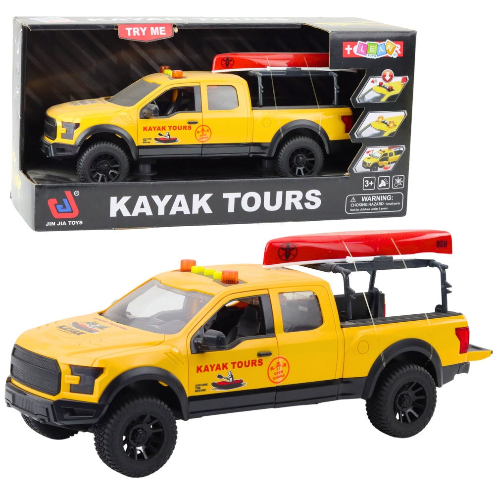 Leksaks off-road pickup 1:12 med avtagbar kajak, ljus & ljud 24 cm