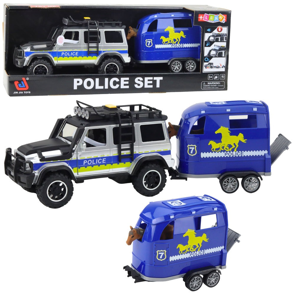 Leksakspolisbil off-road med hästsläp, ljus/ljud, hästfigur 40 cm