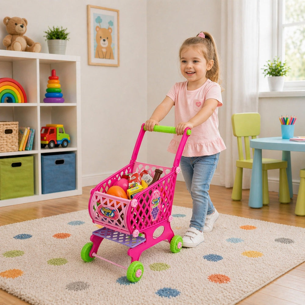 Leksaksshoppingvagn rosa med matvaror 46 delar, plast 52x37x26 cm