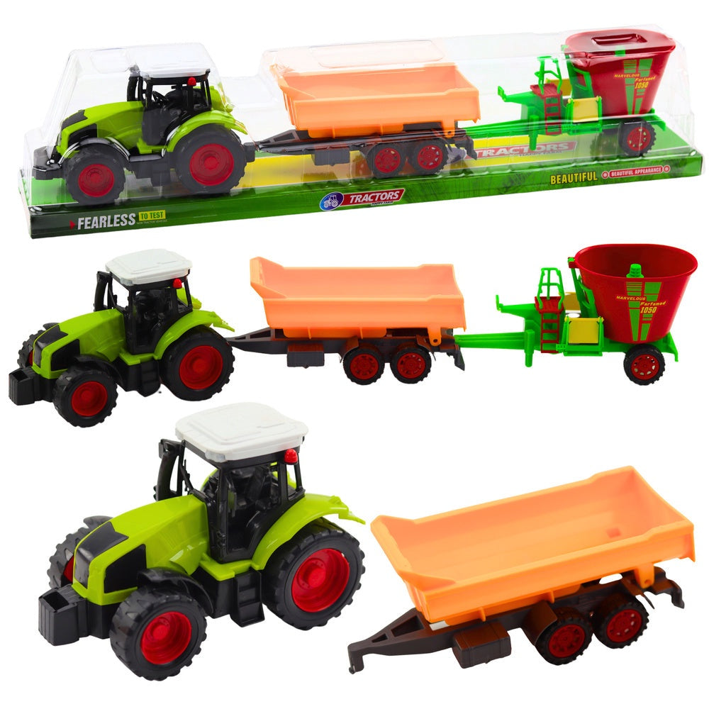 Leksakstraktor med tippvagn och fodervagn 53,5 cm plast