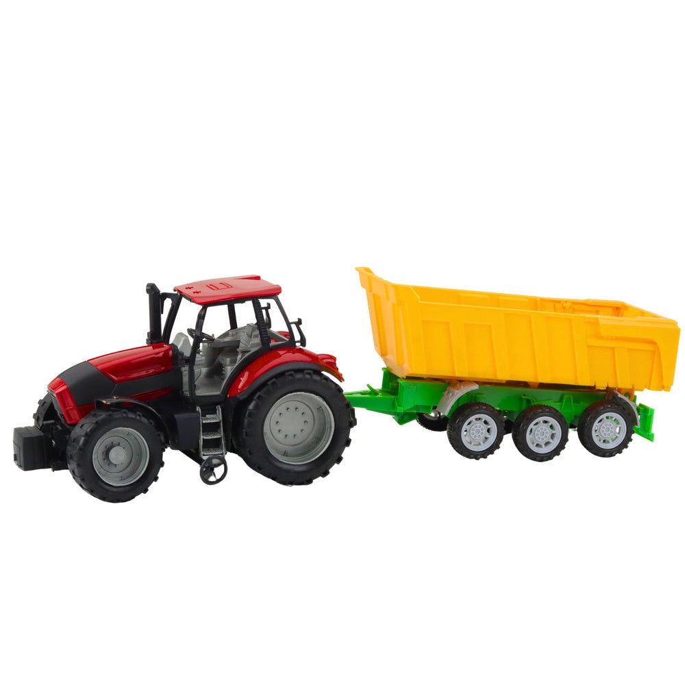 Leksakstraktor med trailer 46 cm röd traktor gul släp i plast
