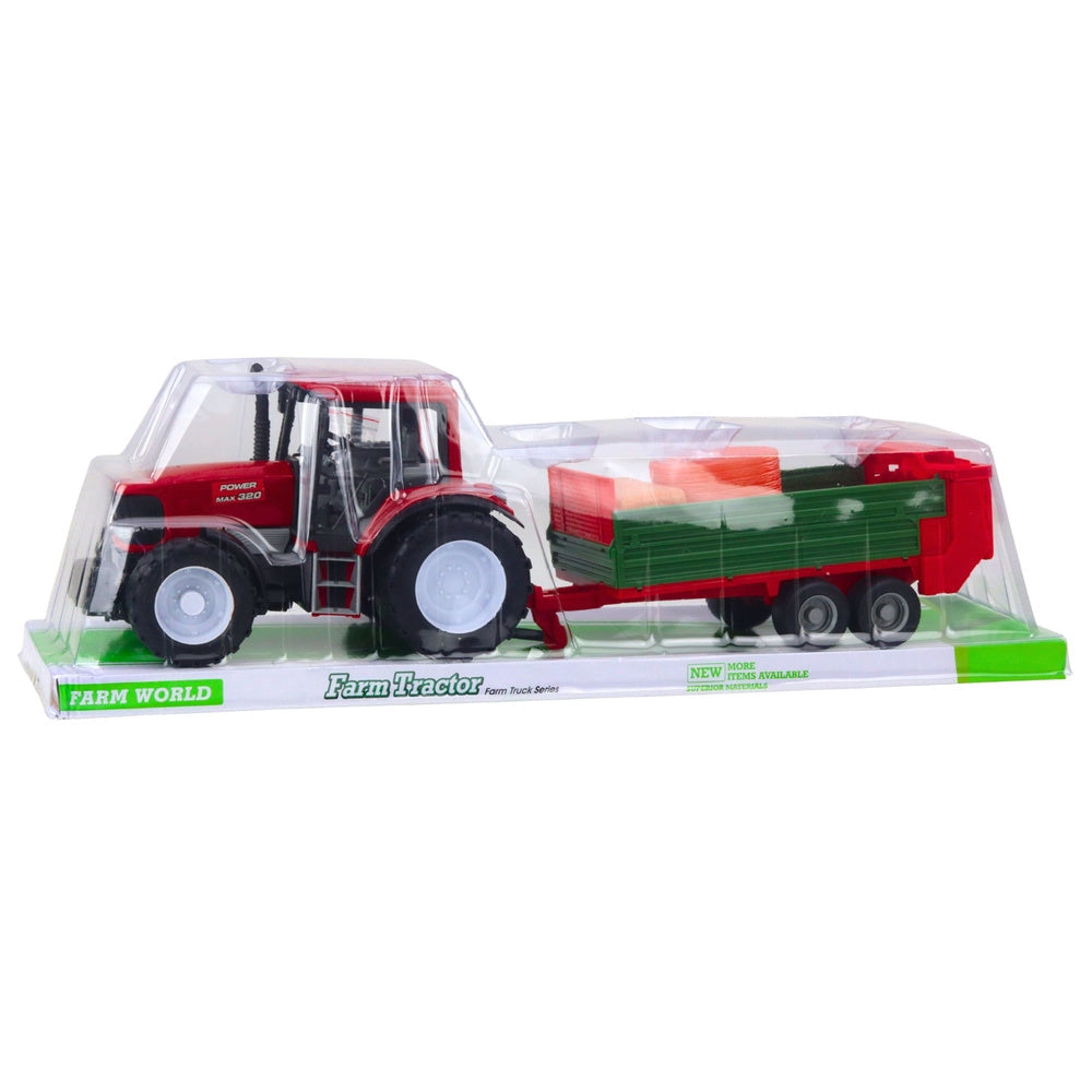 Leksakstraktor med trailer och höbalar 62 cm röd/grön