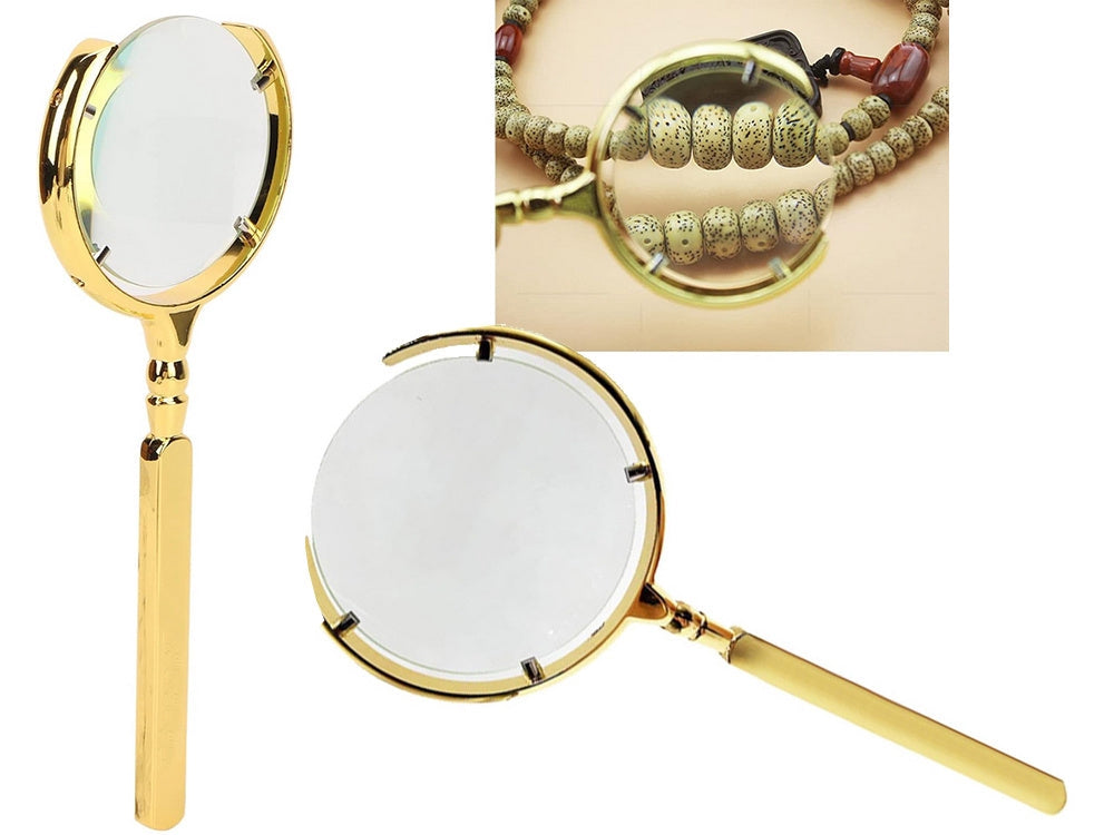 Läslupp 6x med glaslins metall guld linsdiameter 9 cm
