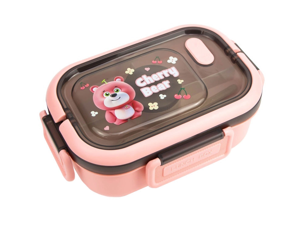 Lunchbox 3 fack med bestick plast rosa 21x14,5x8 cm