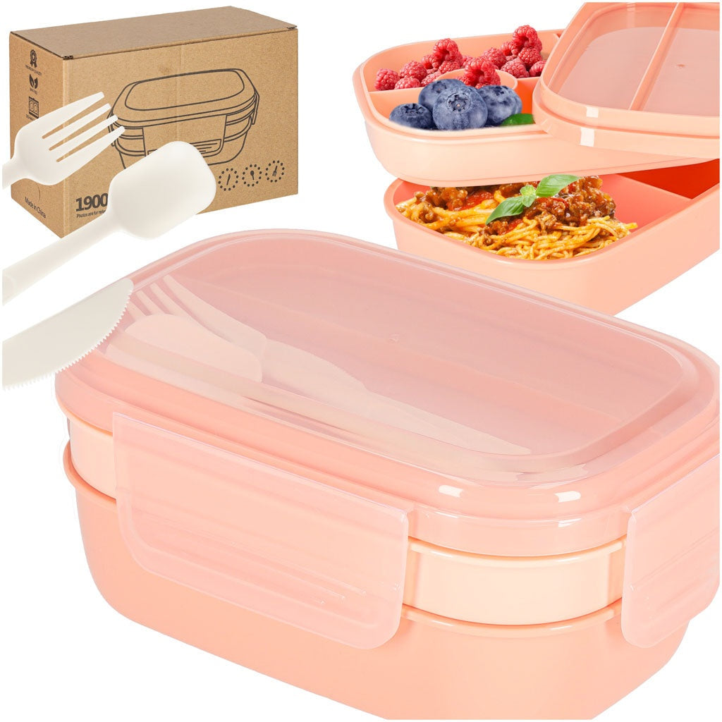 Lunchlåda 1900 ml med 3 nivåer, 8 fack och bestick BPA-fri orange