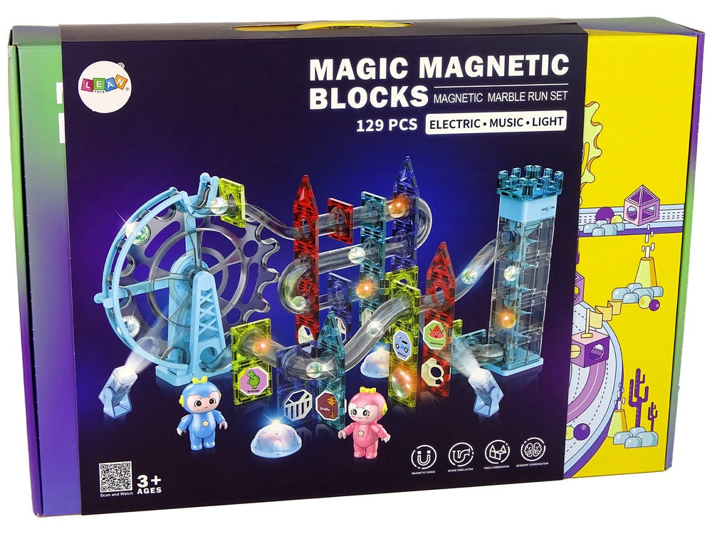 Magnetiska byggblock kulbana med rutschbana, LED & pariserhjul 129 delar