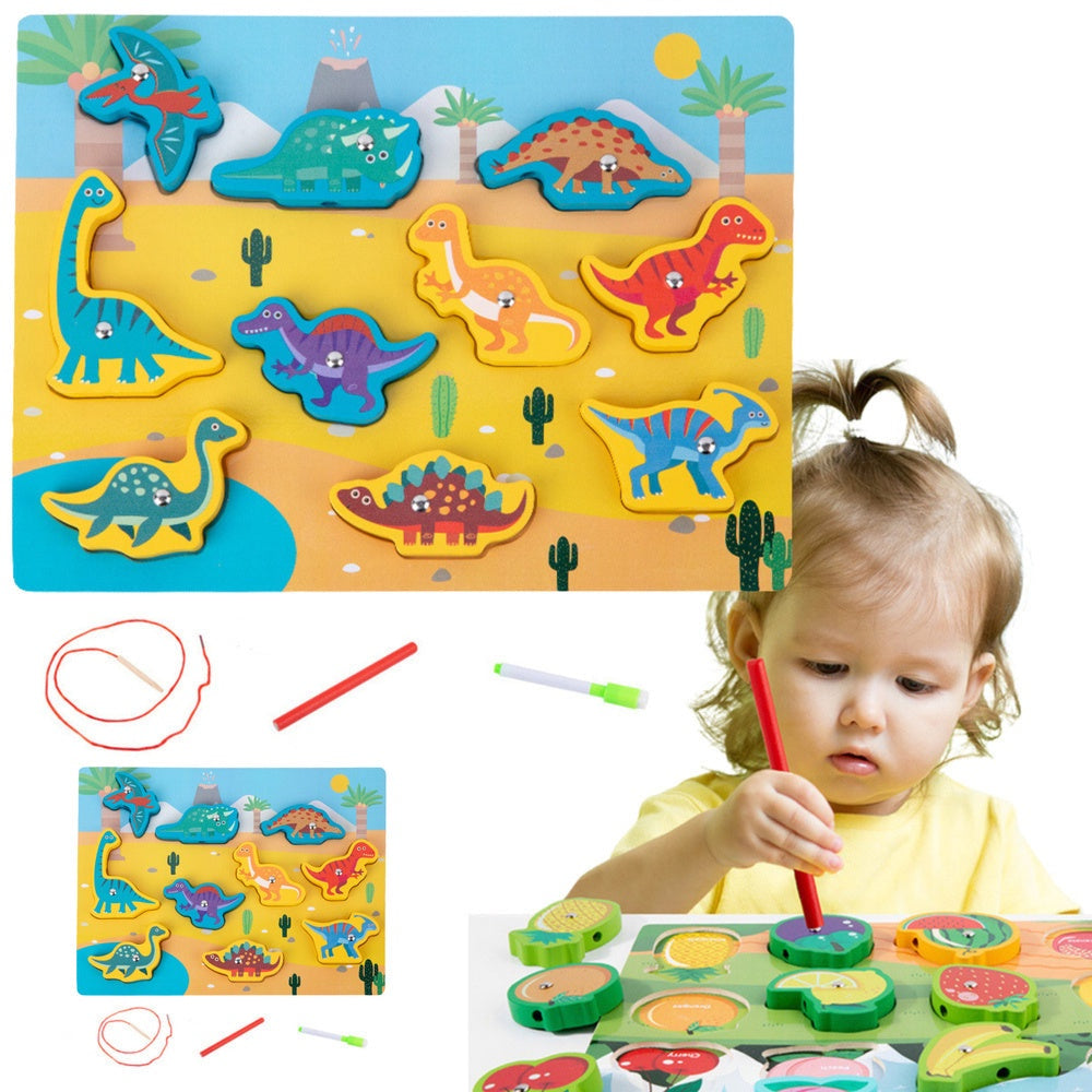 Magnetiskt träpussel dinosaurier 10 delar med stav, snöre och penna 3+