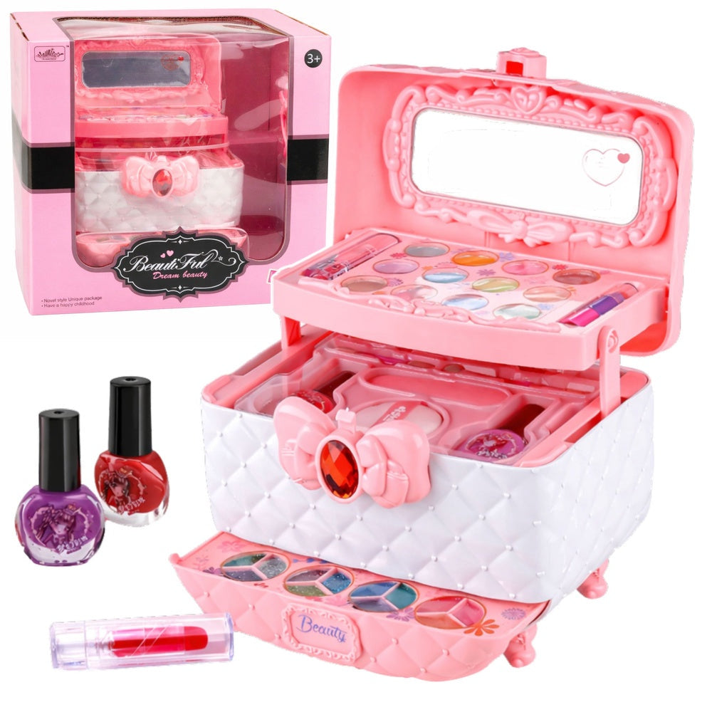 Makeup- och nagelset för barn i rosa kosmetikafodral med spegel