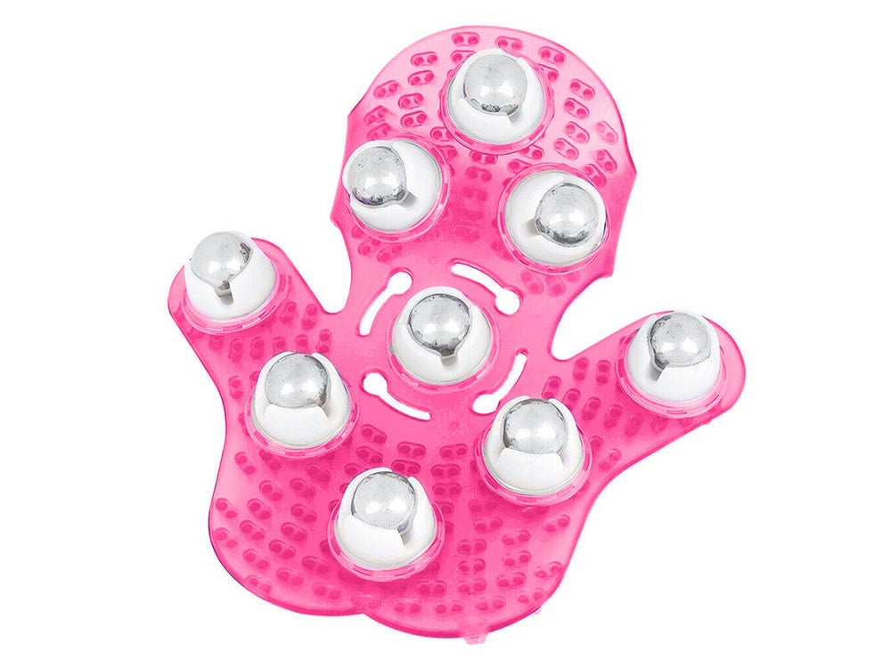 Massagehandske med 9 roterande metallkulor 16x14,5 cm rosa