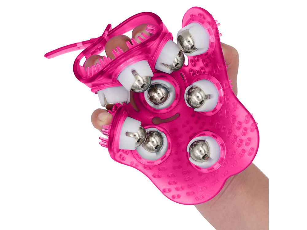 Massagehandske med 9 roterande metallkulor 16x14,5 cm rosa