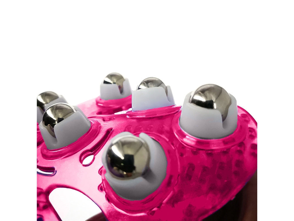Massagehandske med 9 roterande metallkulor 16x14,5 cm rosa