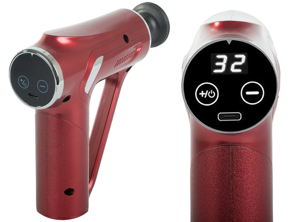 Massagepistol 32 intensitetsnivåer 4 massagehuvuden USB-C röd
