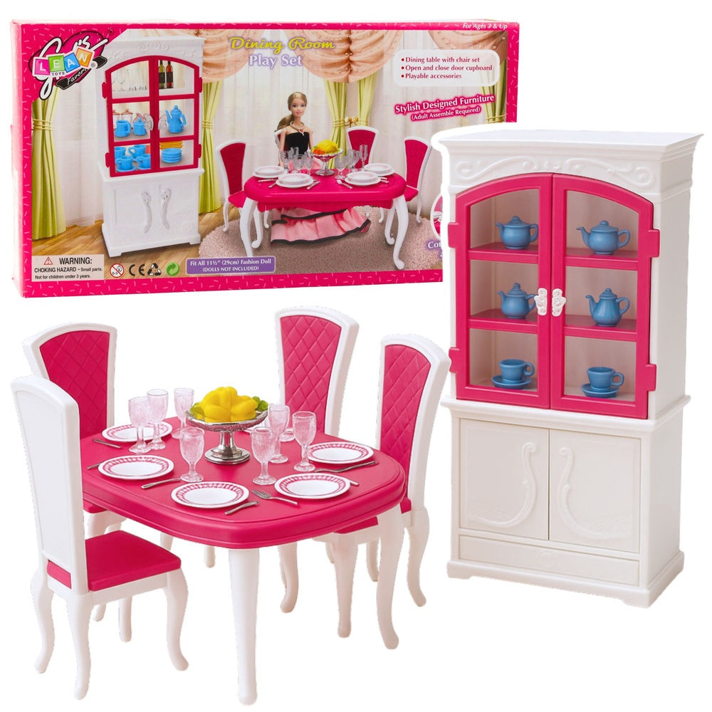 Matsalsmöbler dockor 29 cm bord stolar skåp porslin rosa/vit