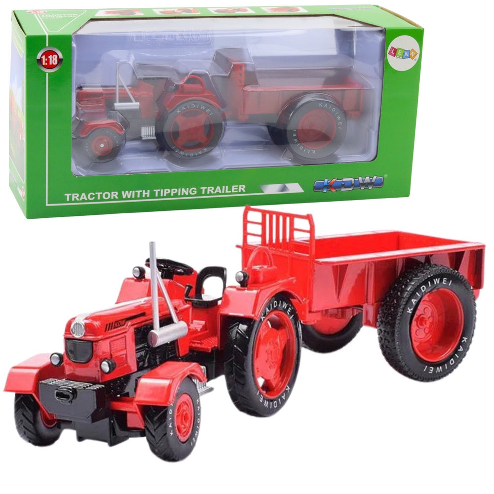 Metalltraktor leksak med trailer 1:18 röd 24,5 cm