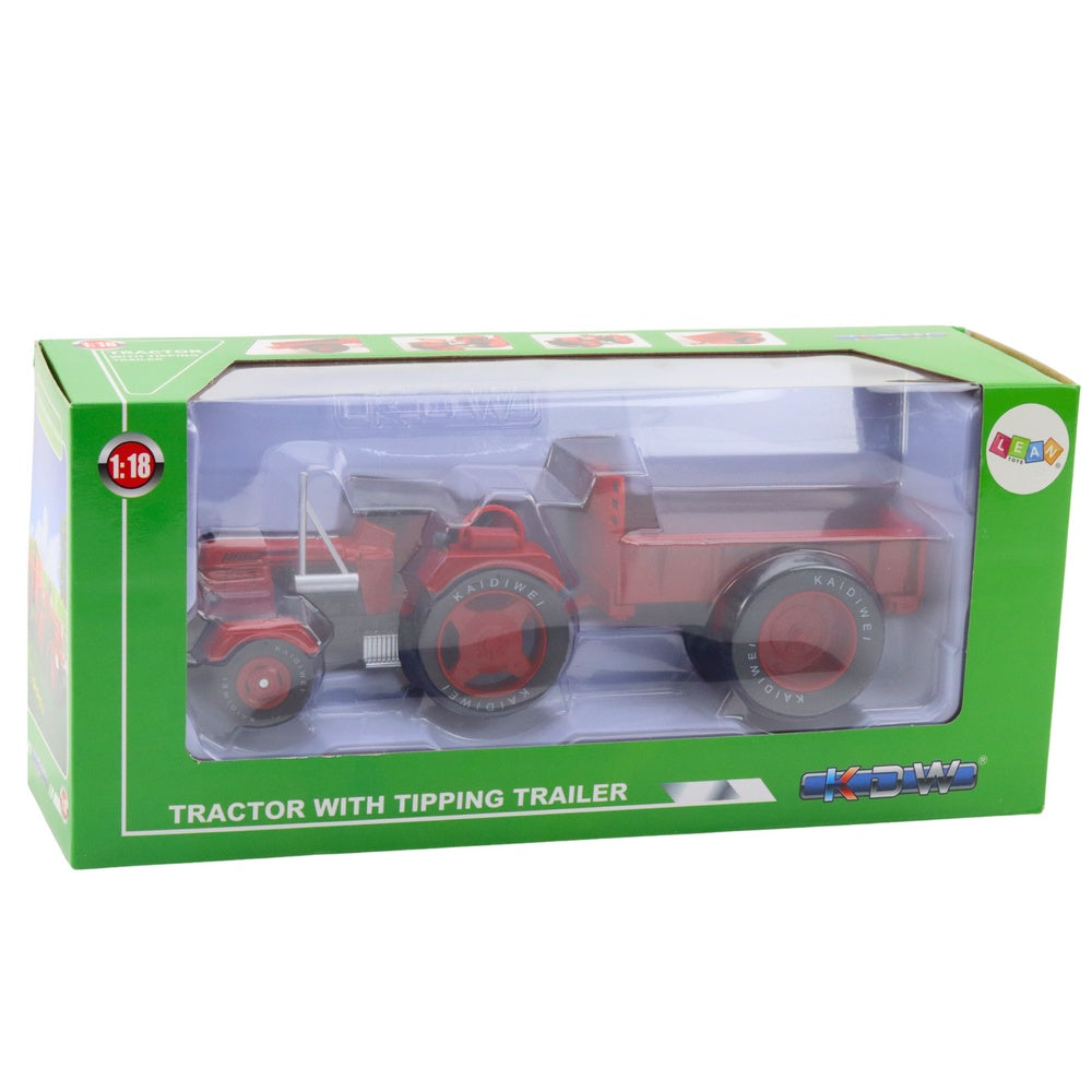 Metalltraktor leksak med trailer 1:18 röd 24,5 cm