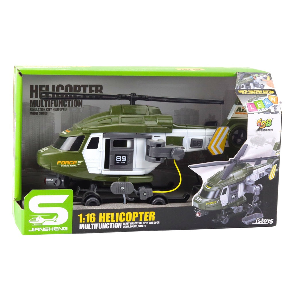 Militärhelikopter leksak 1:16 med ljus/ljud, krok och bår 28 cm