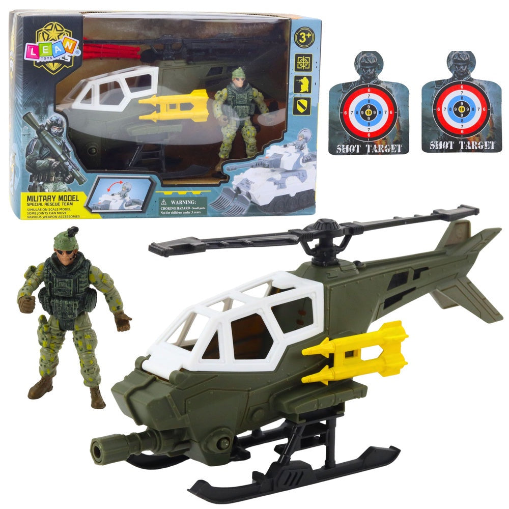 Militärleksak helikopter med soldatfigur, rörliga rotorblad och vapen