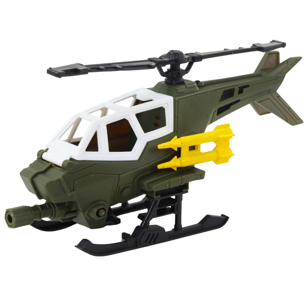 Militärleksak helikopter med soldatfigur, rörliga rotorblad och vapen