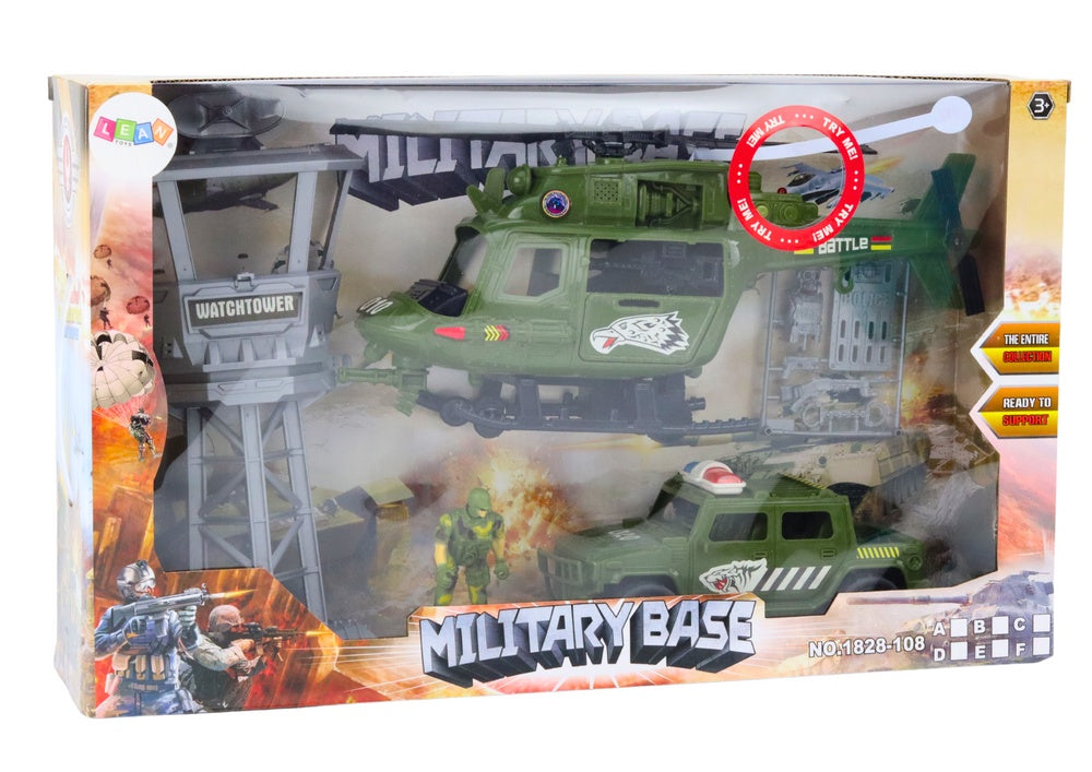 Militär leksaksset med helikopter ljus/ljud, fordon, kontrolltorn 3+