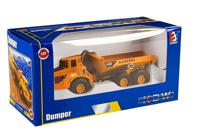 Miniatyr dumperlastbil 1:87 i metall 13 cm med tippbart flak