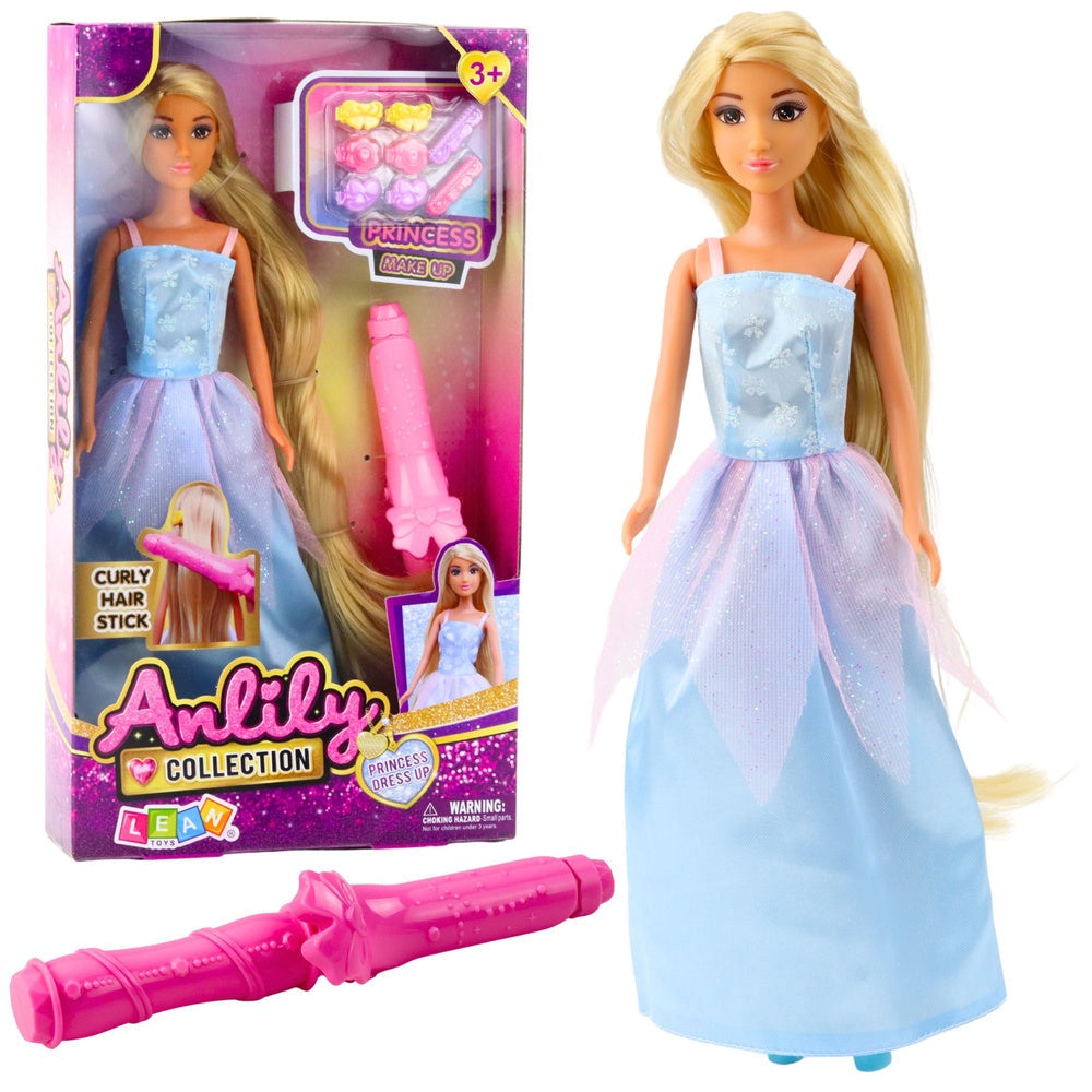 Mode-/prinsessdocka 30 cm med stylingtillbehör, locktång + 8 hårspännen