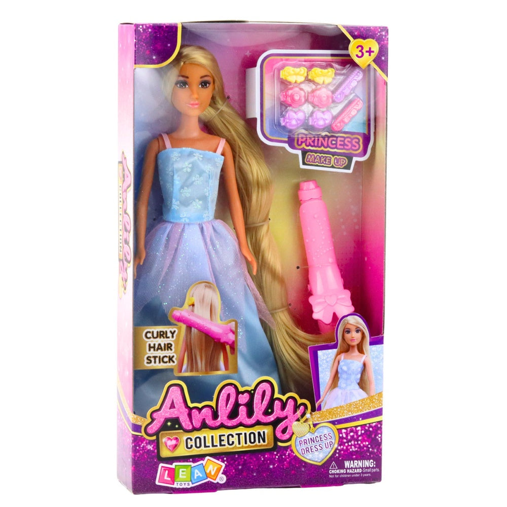 Mode-/prinsessdocka 30 cm med stylingtillbehör, locktång + 8 hårspännen