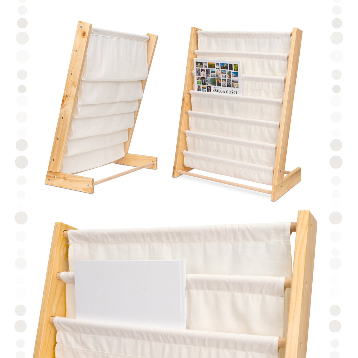 Montessori barnbokhylla med 6 fickor, trä/bomull, 63x76,5x30 cm