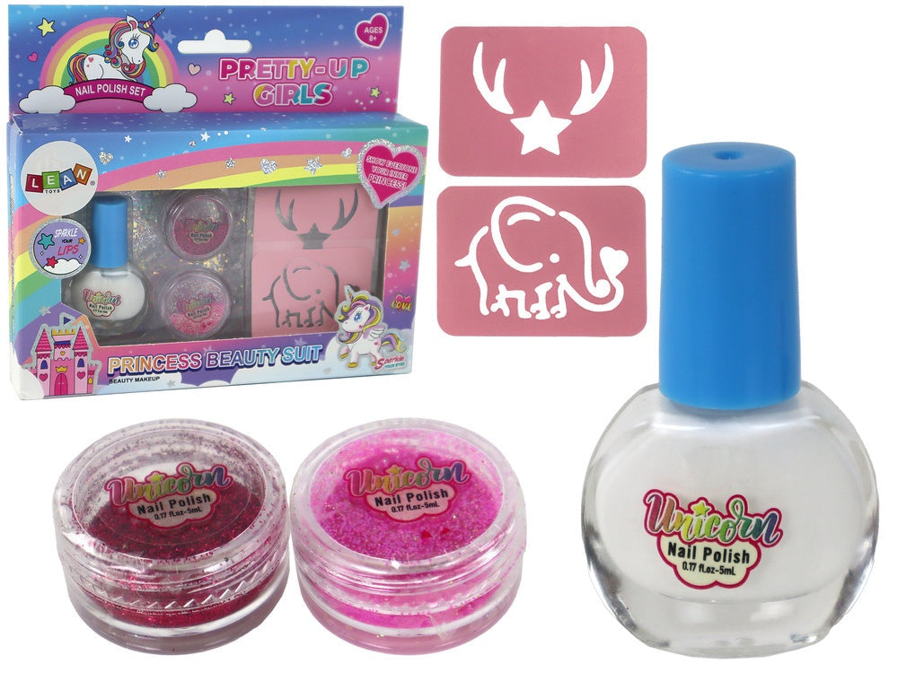 Nagelkonstset för barn 8+ med vitt nagellack, 2 glitter & stenciler