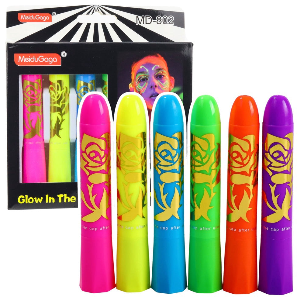 Neon ansiktsfärg pennor 6-pack fluorescerande UV-smink för barn