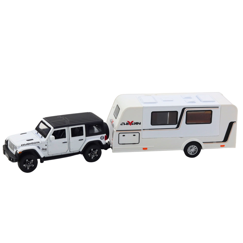 Off-road bil med campingvagn 1:32 metallmodell vit med ljus/ljud