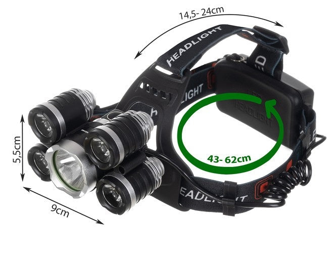 Pannlampa 5x Cree T6 LED 4 lägen 2x 6800mAh batteri med laddare