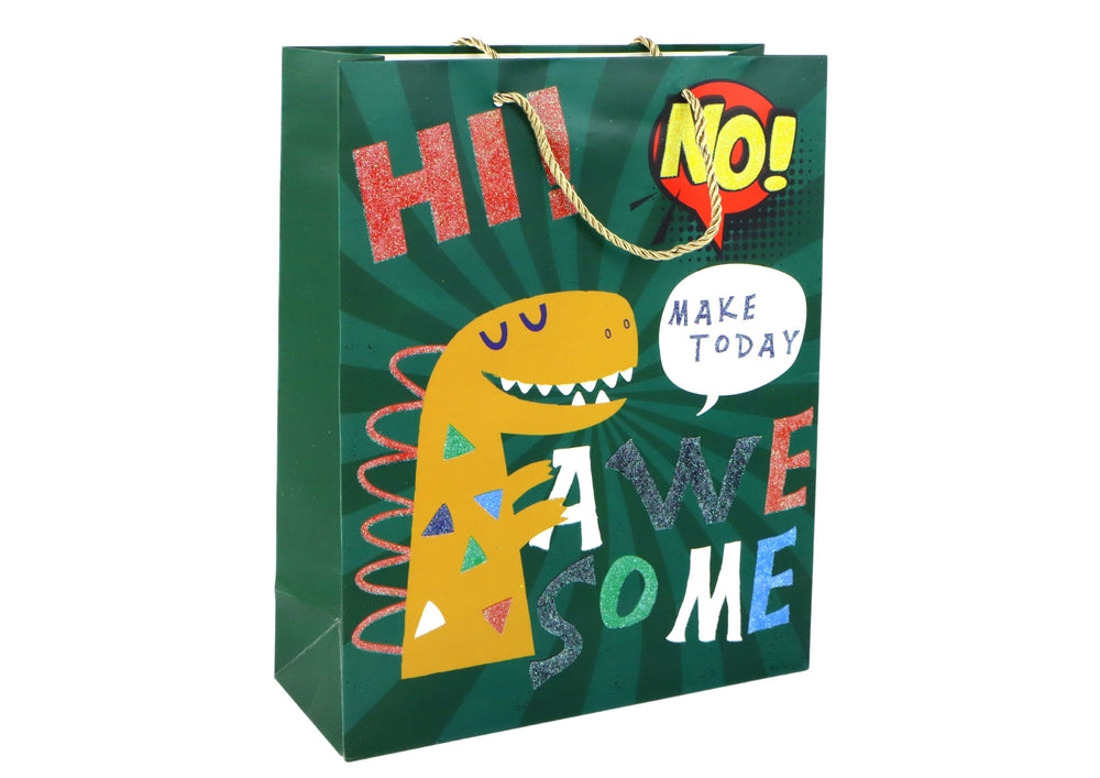Papperspresentpåse 41,5x30x12 cm mörkgrön dinosaurie med glitter